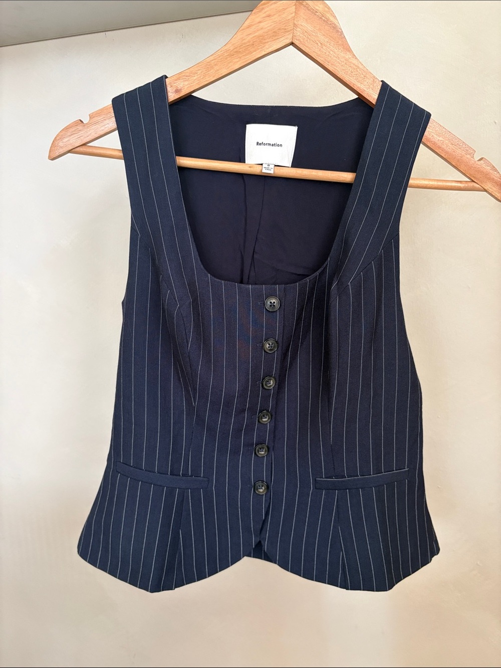 Reformation Navy Pinstripe Button-Front Vest Top